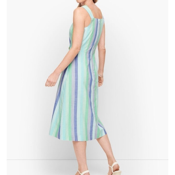 Talbots Size 4 Blue Green Stripe Fit & Flare Summer Tank Dress Pockets Easter - Picture 2 of 11